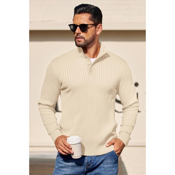 Men's Quarter Button Sweater Long Sleeve Stand Collar Sweater Knitted Beige - Picture 4 of 5